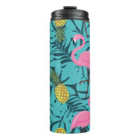 Seamless pattern with pink flamingos and green pal