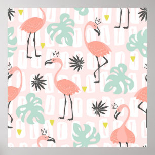 Seamless pattern with pink flamingos and palm leav poster