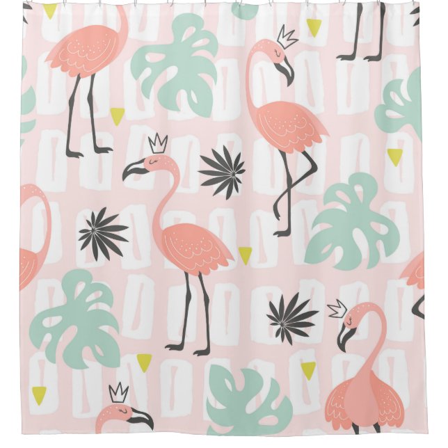 Seamless pattern with pink flamingos and palm leav shower curtain (Front)