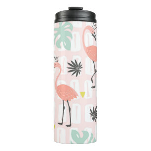 Seamless pattern with pink flamingos and palm leav thermal tumbler