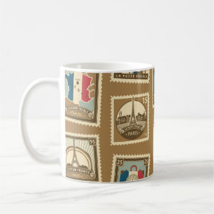  seamless pattern with postage stamps on theme of  coffee mug