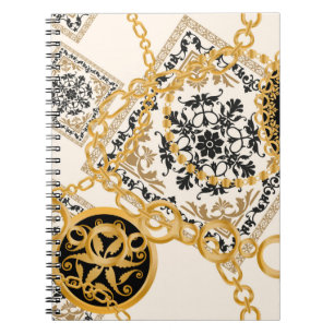 Seamless pattern with precious stones gold chains notebook