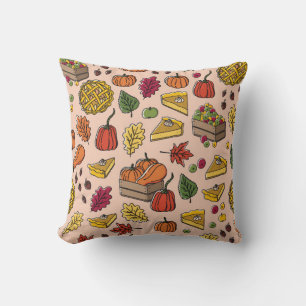 Seamless pattern with pumpkin pie, apple pie, and  cushion