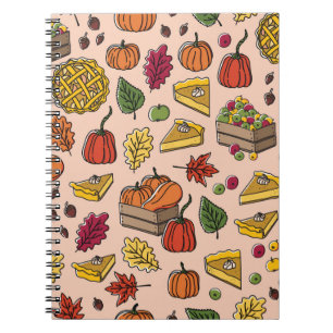 Seamless pattern with pumpkin pie, apple pie, and  notebook