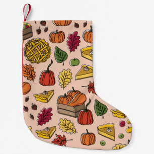 Seamless pattern with pumpkin pie, apple pie, and small christmas stocking