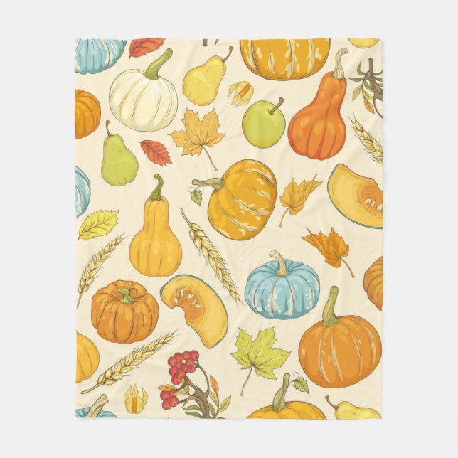 Seamless pattern with pumpkins, autumn leaves, app fleece blanket (Front)