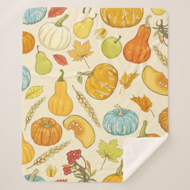 Seamless pattern with pumpkins, autumn leaves, app sherpa blanket (Front)