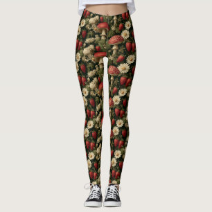 Seamless Pattern with Red Fly Agaric and Flowers Leggings