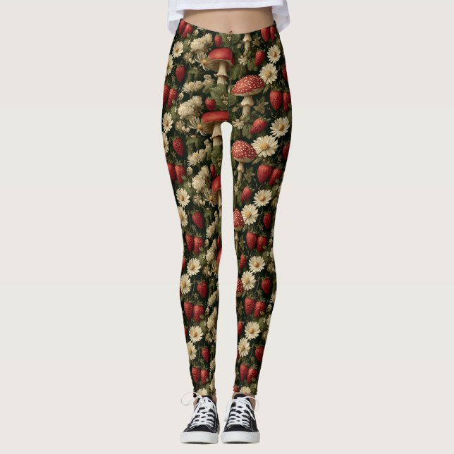 Seamless Pattern with Red Fly Agaric and Flowers Leggings (Front)