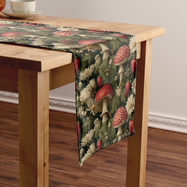 Seamless Pattern with Red Fly Agaric and Flowers Short Table Runner (In Situ)
