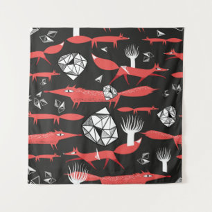 Seamless pattern with red foxes on a dark backgrou tapestry