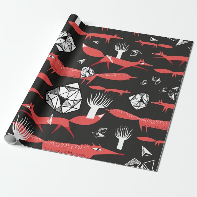 Seamless pattern with red foxes on a dark backgrou wrapping paper (Unrolled)