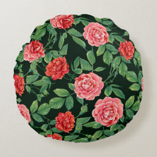 Seamless pattern with red roses flowers. Coloured Round Cushion
