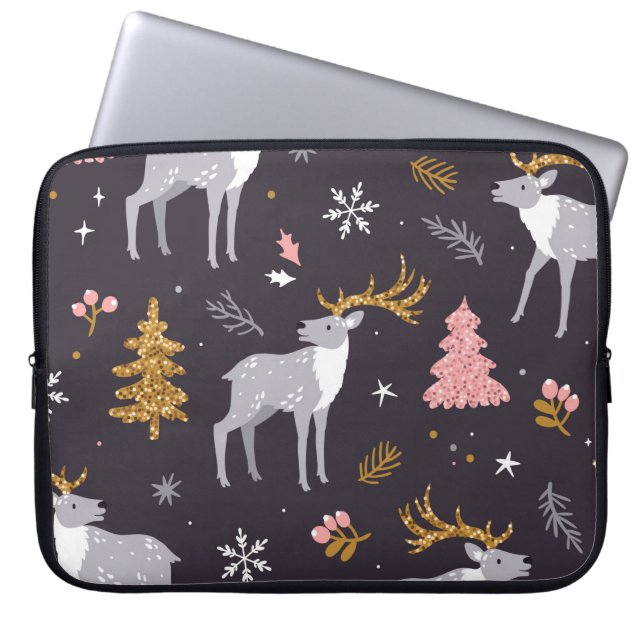  seamless pattern with reindeer, fir trees and sno laptop sleeve (Front)