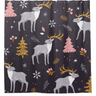 seamless pattern with reindeer, fir trees and sno shower curtain