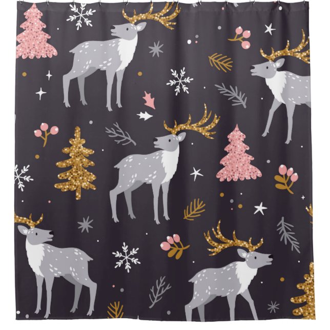  seamless pattern with reindeer, fir trees and sno shower curtain (Front)