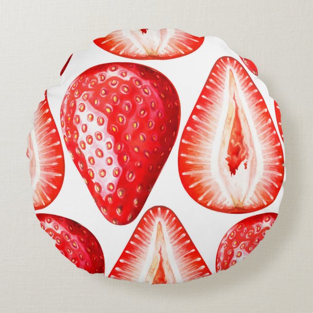 Seamless pattern with ripe strawberries on white b round cushion (Front)