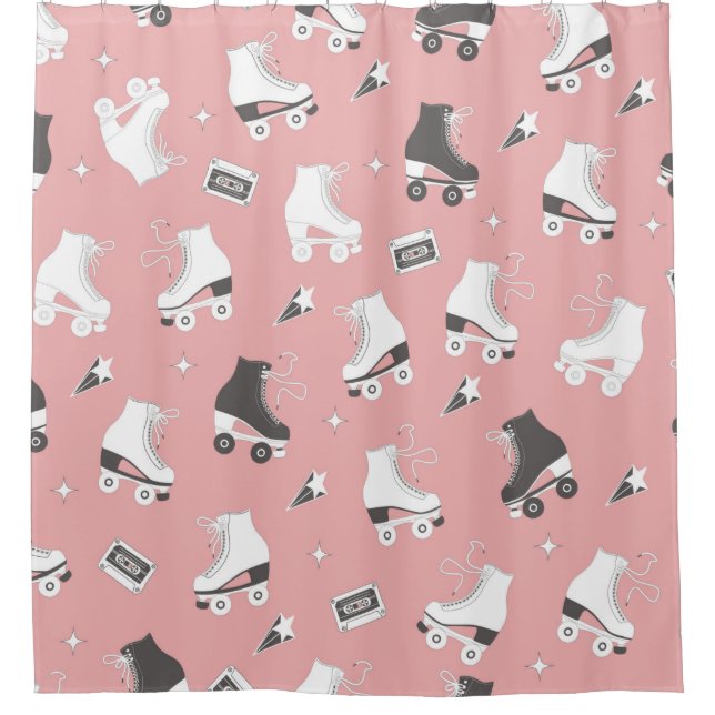 Seamless pattern with roller skates and cassette t shower curtain (Front)