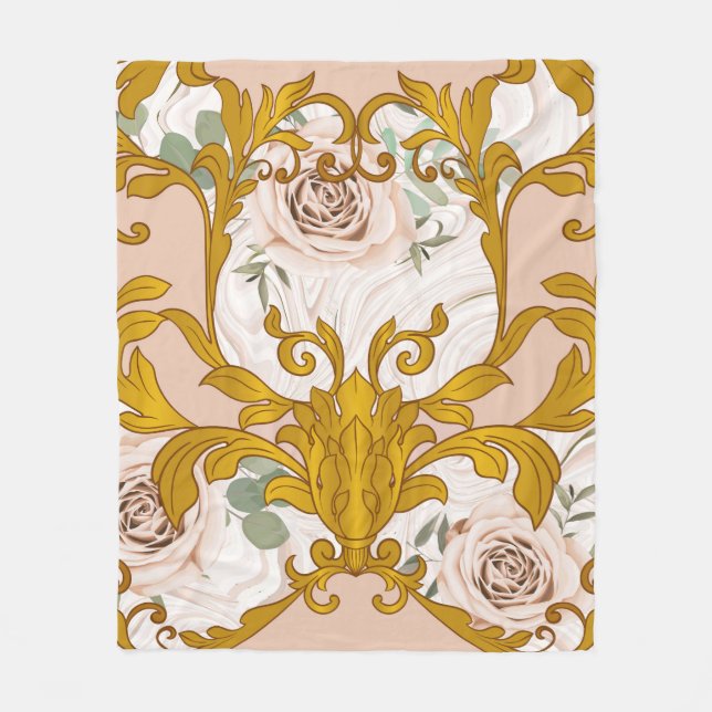 Seamless pattern with roses and baroque golden ele fleece blanket (Front)