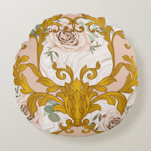 Seamless pattern with roses and baroque golden ele round cushion