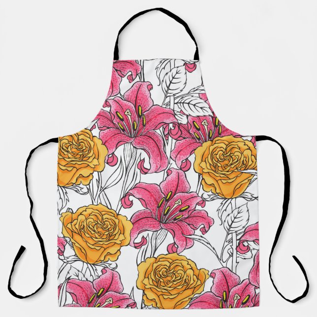 Seamless pattern with roses and lilies. Hand drawn Apron (Front)