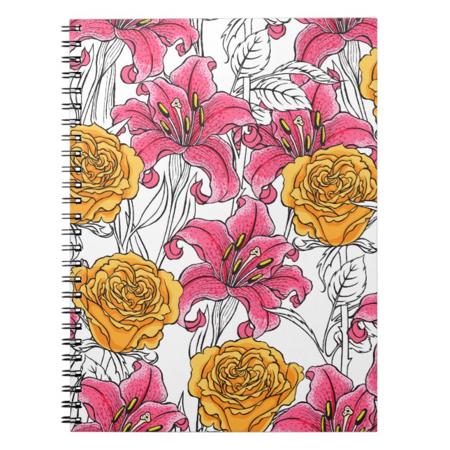 Seamless pattern with roses and lilies. Hand drawn Notebook (Front)