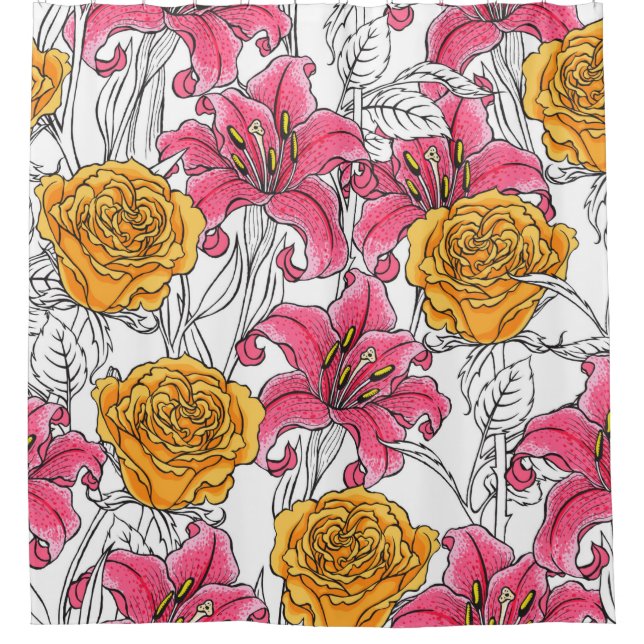 Seamless pattern with roses and lilies. Hand drawn Shower Curtain (Front)