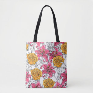 Seamless pattern with roses and lilies. Hand drawn Tote Bag