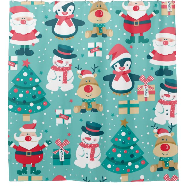 Seamless pattern with Santa Claus, snowman, deer,  Shower Curtain (Front)