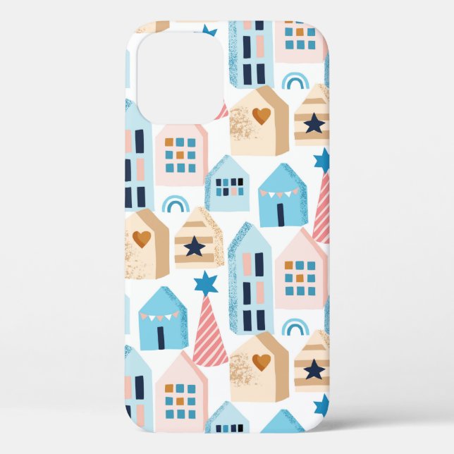 Seamless pattern with Scandinavian houses on white Case-Mate iPhone Case (Back)