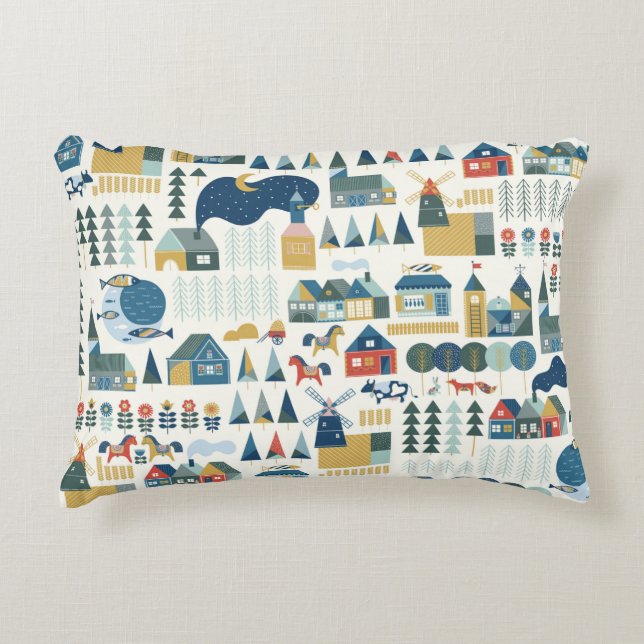 Seamless pattern with scandinavian village in past decorative cushion (Front)