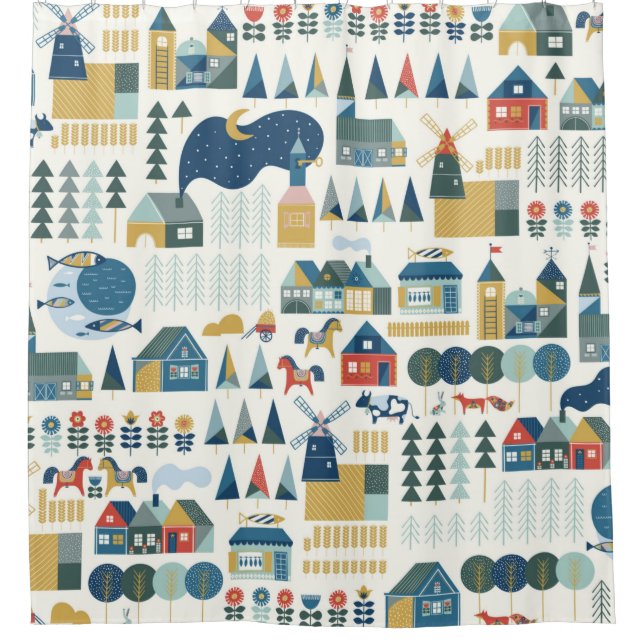 Seamless pattern with scandinavian village in past shower curtain (Front)