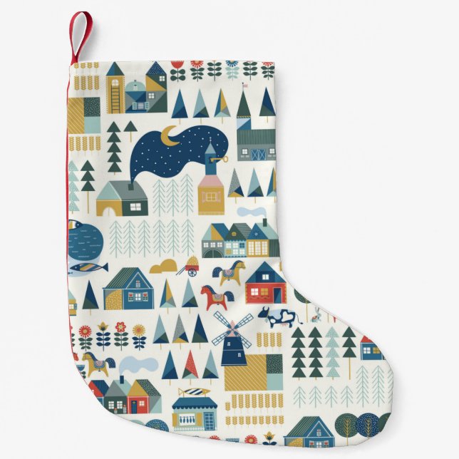 Seamless pattern with scandinavian village in past small christmas stocking (Front)