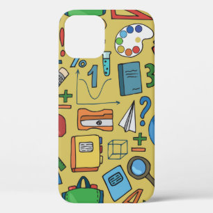 Seamless pattern with school supplies on a yellow iPhone 12 case