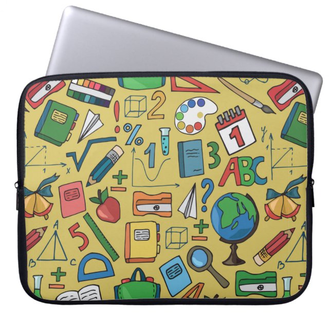 Seamless pattern with school supplies on a yellow  laptop sleeve (Front)