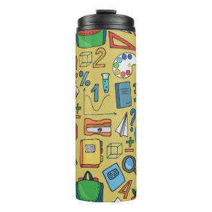 Seamless pattern with school supplies on a yellow  thermal tumbler