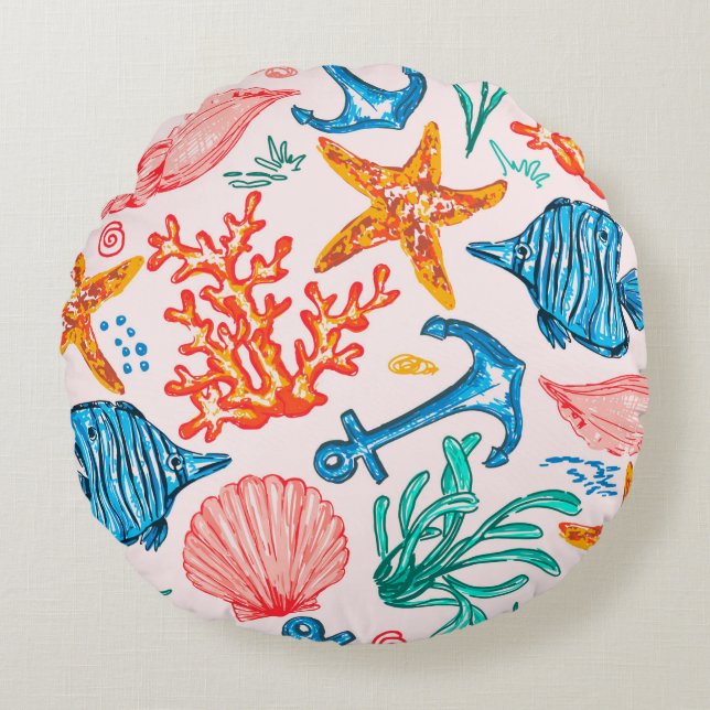 Seamless pattern with sea creatures round cushion (Front)