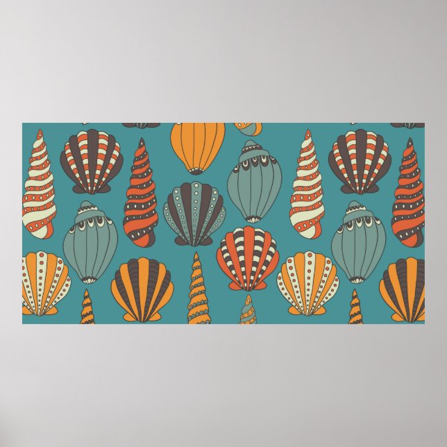 Seamless pattern with seashells, hand drawn icons  poster (Front)