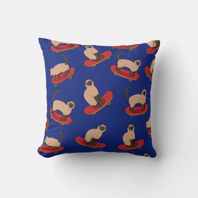 Seamless pattern with siamese cats on skateboards. cushion (Front)