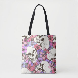 Seamless pattern with skulls fnd flowers tote bag