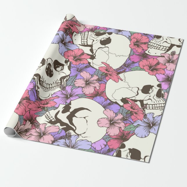 Seamless pattern with skulls fnd flowers wrapping paper (Unrolled)