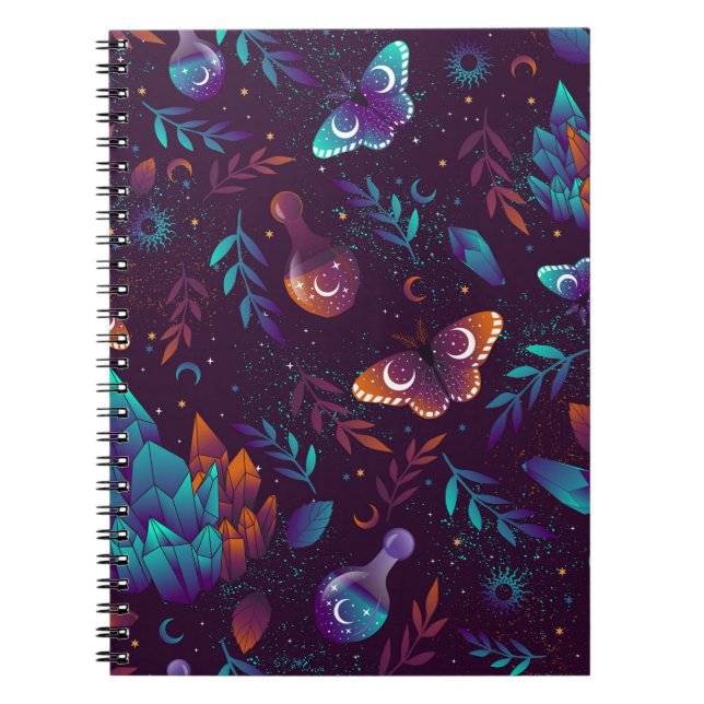 Seamless pattern with space butterfly, crystals, h notebook (Front)