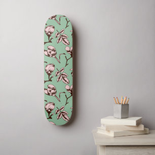 Seamless pattern with spring tree flower buds skateboard