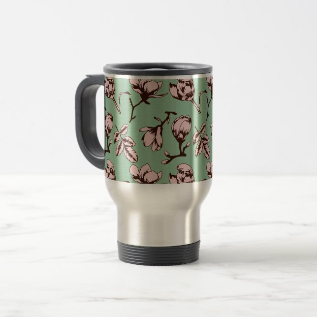 Seamless pattern with spring tree flower buds travel mug (Front Left)
