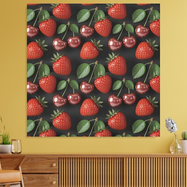 Seamless Pattern with Strawberries and Cherries Canvas Print (Insitu(LivingRoom))