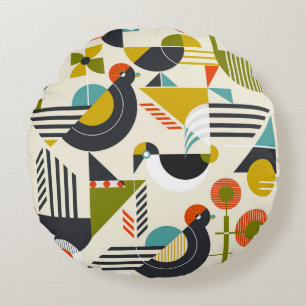 Seamless pattern with stylised birds in retro bauh round cushion