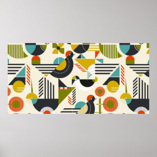 Seamless pattern with stylized birds in retro bauh poster