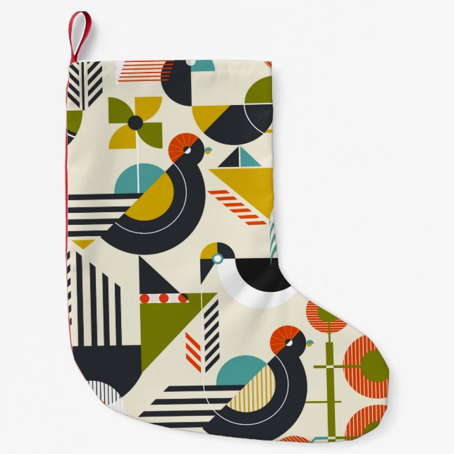 Seamless pattern with stylized birds in retro bauh small christmas stocking (Front)