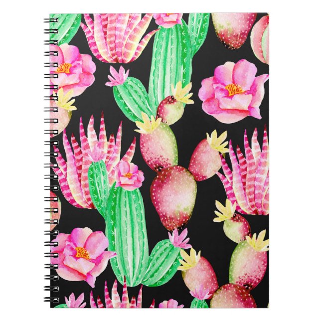 Seamless pattern with succulents. Watercolor cactu Notebook (Front)