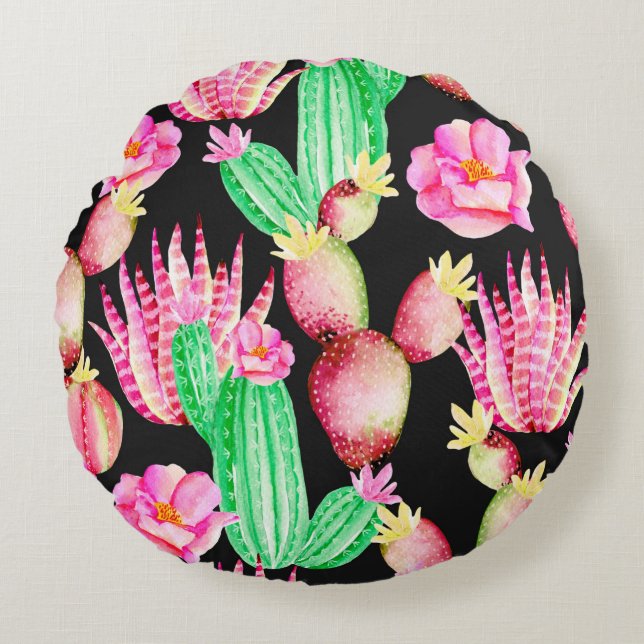 Seamless pattern with succulents. Watercolor cactu Round Cushion (Front)